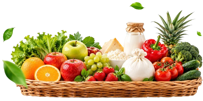 Cesto di frutta, verdura e latticini freschi